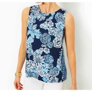 NEW LILLY PULITZER iona sleeveless top in low tide navy bouquet all day engine